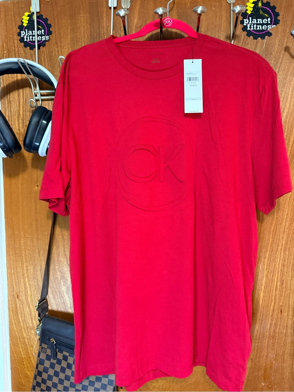 Calvin Klein Red Short Sleeve Crew Neck Tee with Embossed CK
